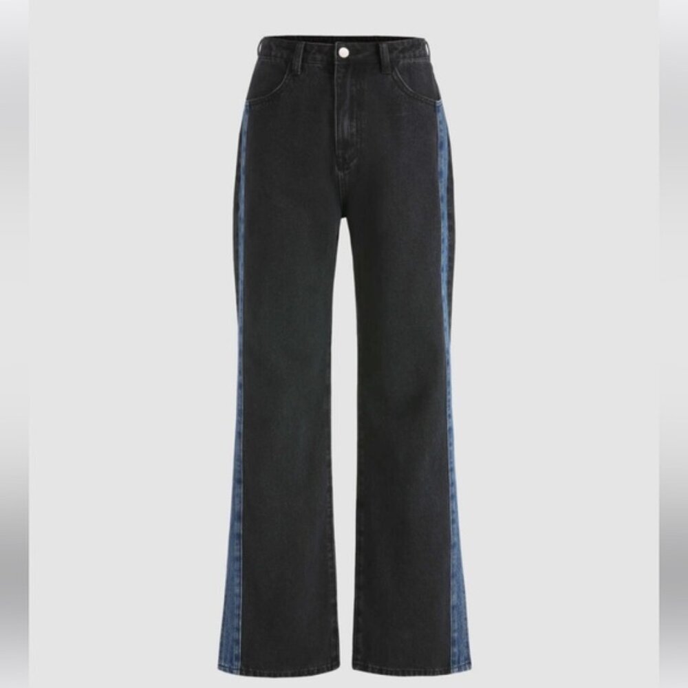 Cider NEW Denim Patchy Jeans Wide Leg Slits Stripe Flare Zip Cotton Colorblock M